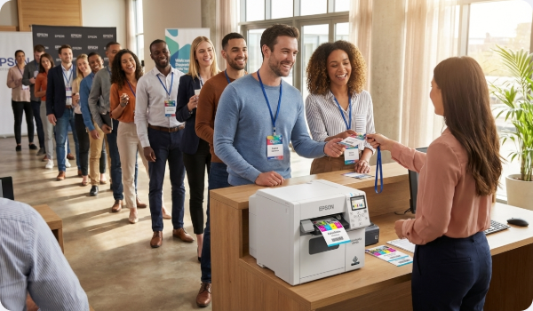 Personnes assistant à un événement et allant chercher leur badge