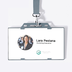 Horizontal Badge with Holder – ID&C Horizontal conference badge in a clear plastic holder with lanyard, displaying the name Lara Pestana, Marketing Executive.