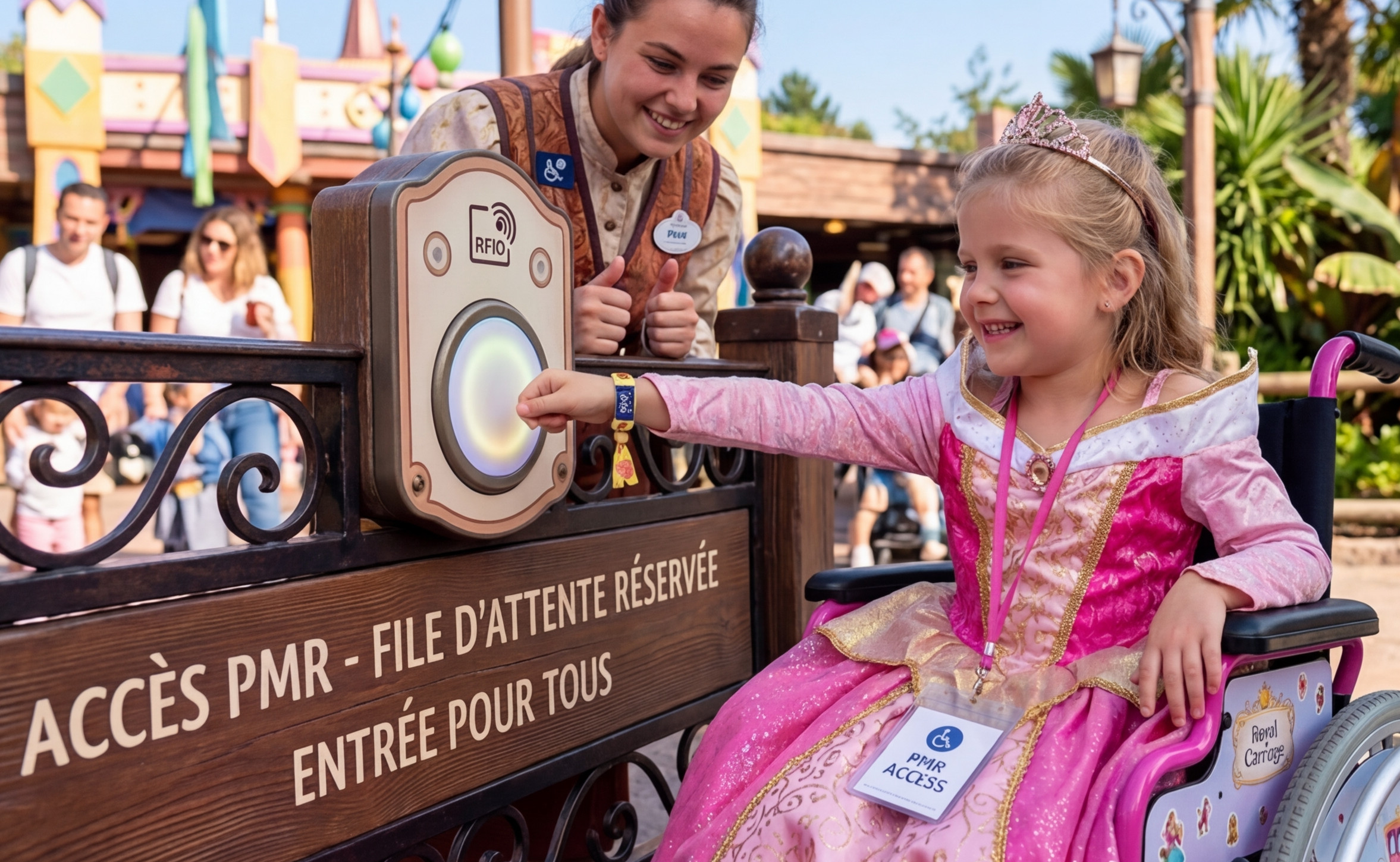 Jeune fille en robe de princesse sur un fauteuil roulant dans un parc d'attraction utilisant un bracelet RFID pour l'accès coupe-file